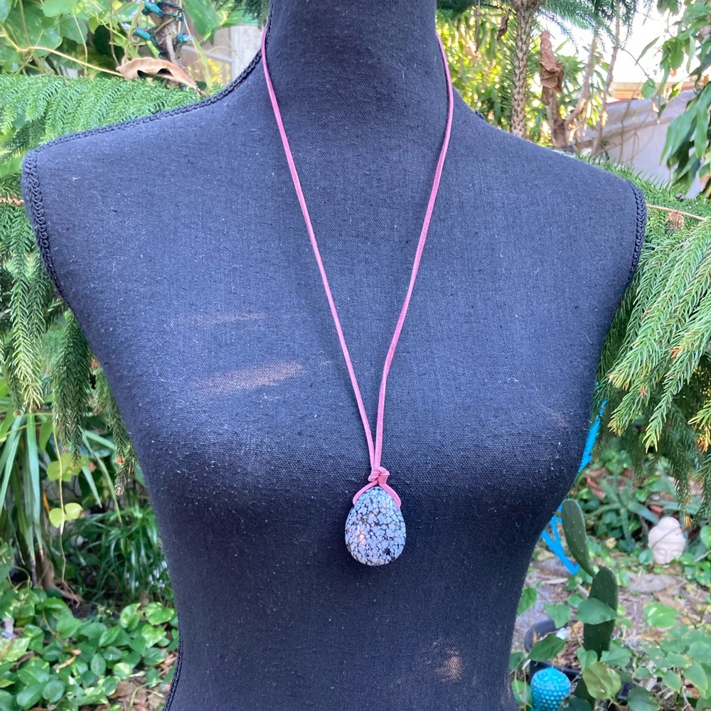 Snowflake obsidian handmade necklace, leather cord